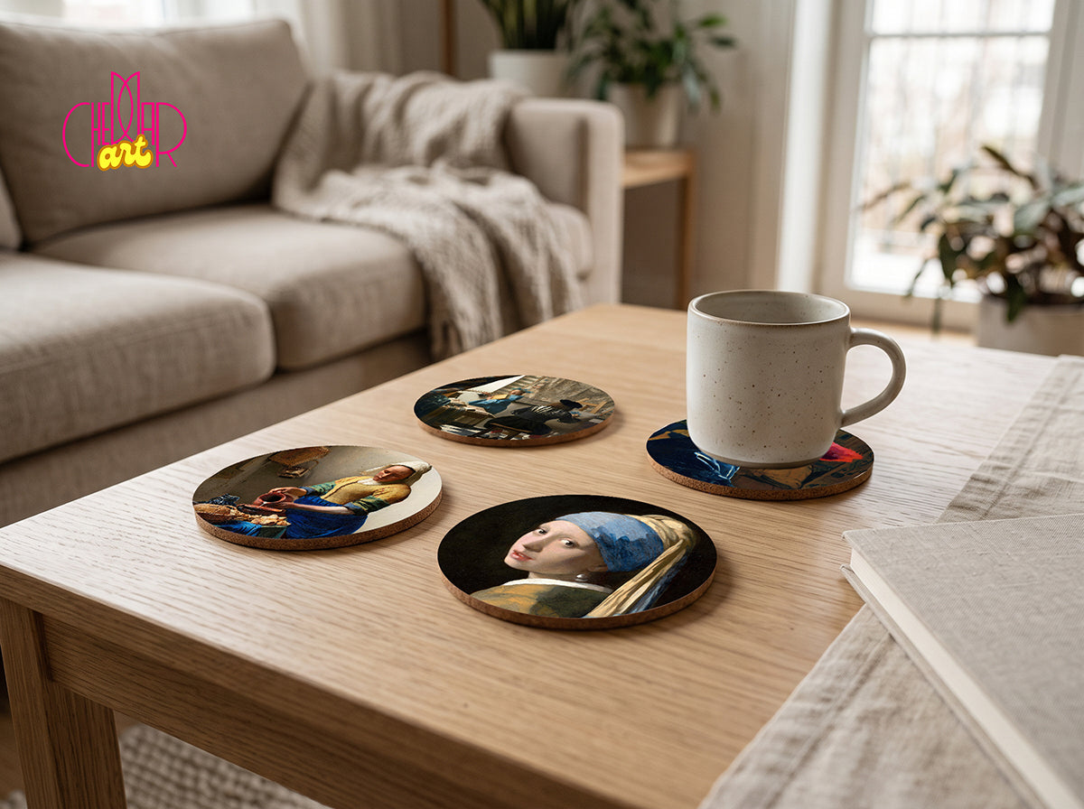 Zestaw Podkładek pod Kubki Johannes Vermeer — 4 Różne Obrazy Mistrzowskie | Cheddar Art
