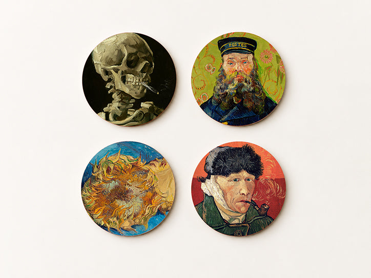 Set of 4 square cork coasters featuring iconic Vincent van Gogh paintings including Self-Portrait with Bandaged Ear and Sunflowers