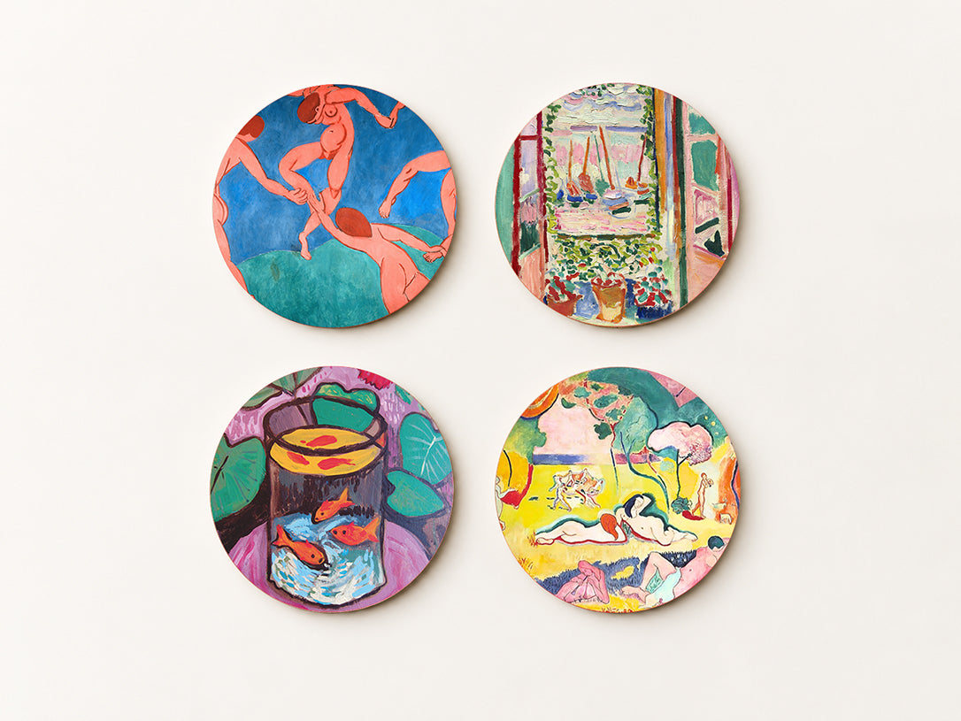 Set of 4 square cork coasters featuring iconic Henri Matisse paintings including Dance and Goldfish