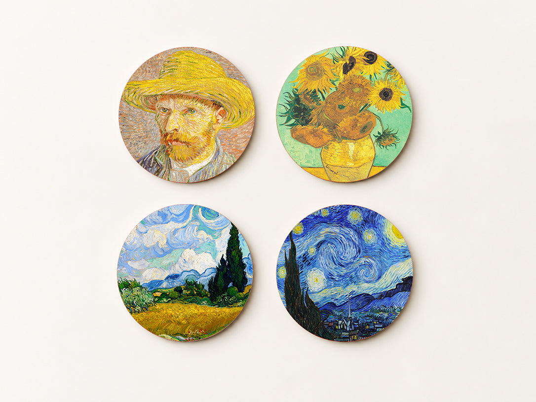 Set of 4 square cork coasters featuring iconic Vincent van Gogh masterpieces including Starry Night, Sunflowers, and Wheat Field with Cypresses