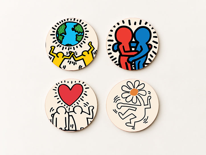 Zestaw Podkładek pod Kubki Keith Haring Pop Art — 4 Różne Wzory | Cheddar Art