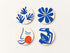 Set of 4 square cork coasters with blue Henri Matisse style cut-out silhouettes and line art on a soft cream background