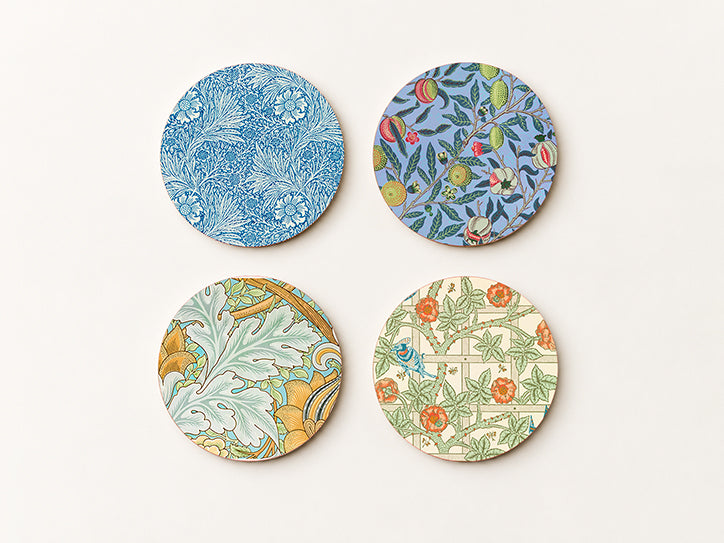 Set of 4 square cork coasters featuring iconic William Morris Arts and Crafts botanical patterns including Fruit and Trellis designs