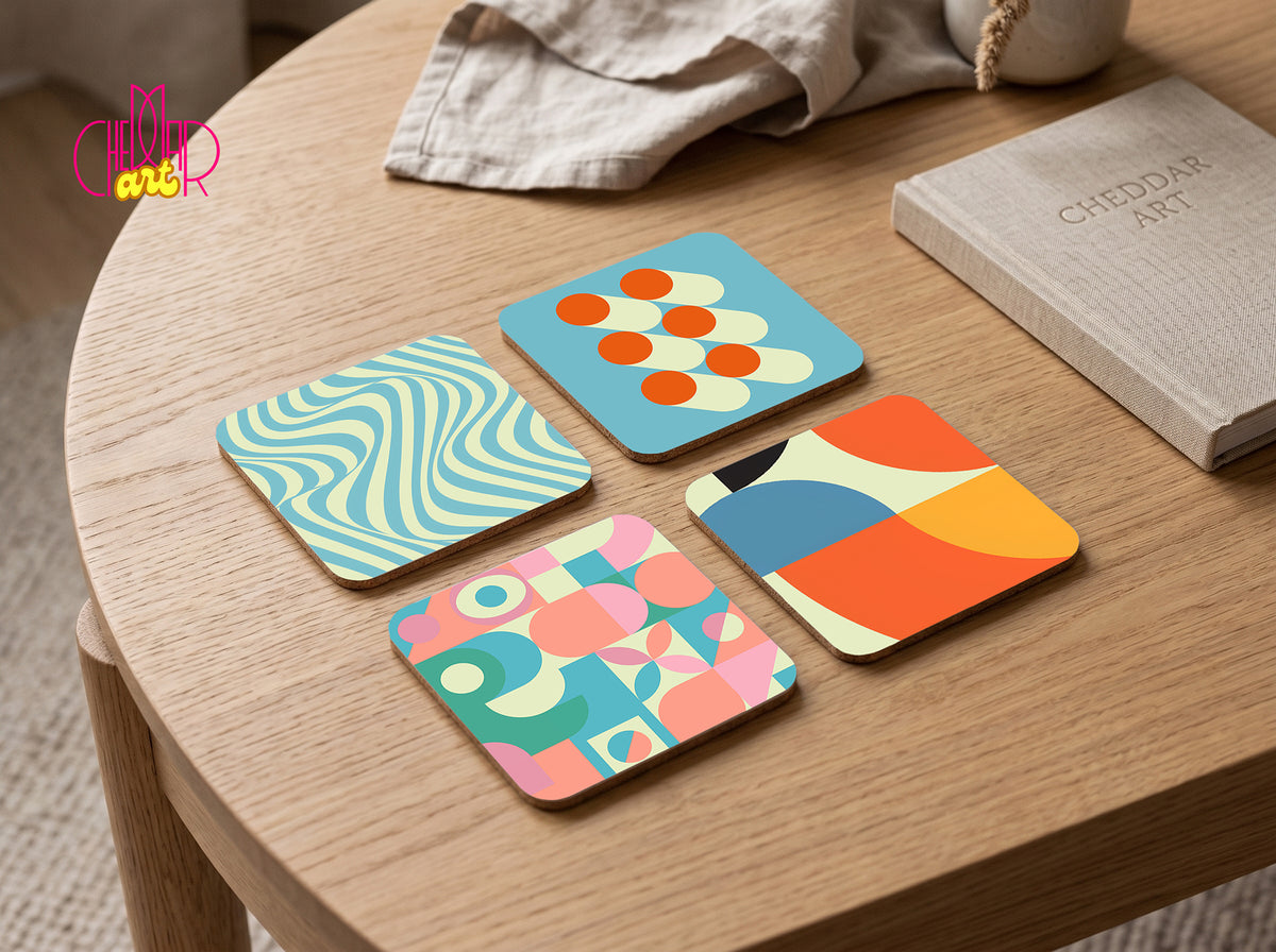 Zestaw Podkładek pod Kubki Bauhaus Modern — 4 Różne Wzory Geometric | Cheddar Art
