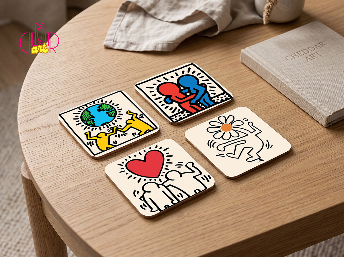 Zestaw Podkładek pod Kubki Keith Haring Pop Art — 4 Różne Wzory | Cheddar Art