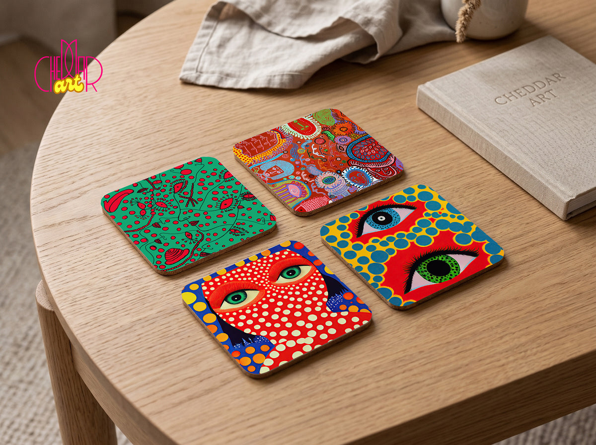 Zestaw Podkładek pod Kubki Yayoi Kusama Pop Art — 4 Różne Wzory Polka Dot | Cheddar Art