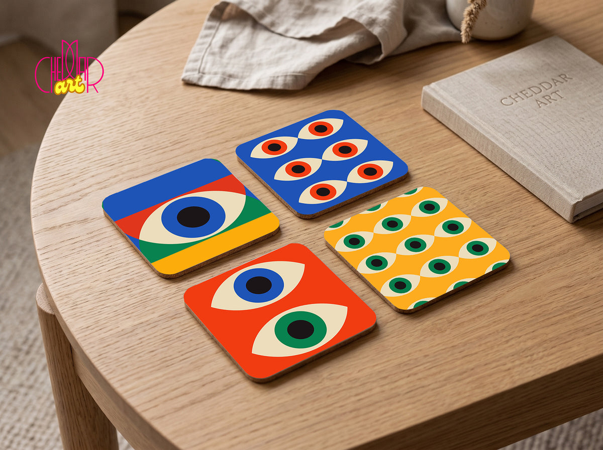 Zestaw Podkładek pod Kubki Bauhaus Eyes — 4 Różne Wzory Geometric | Cheddar Art