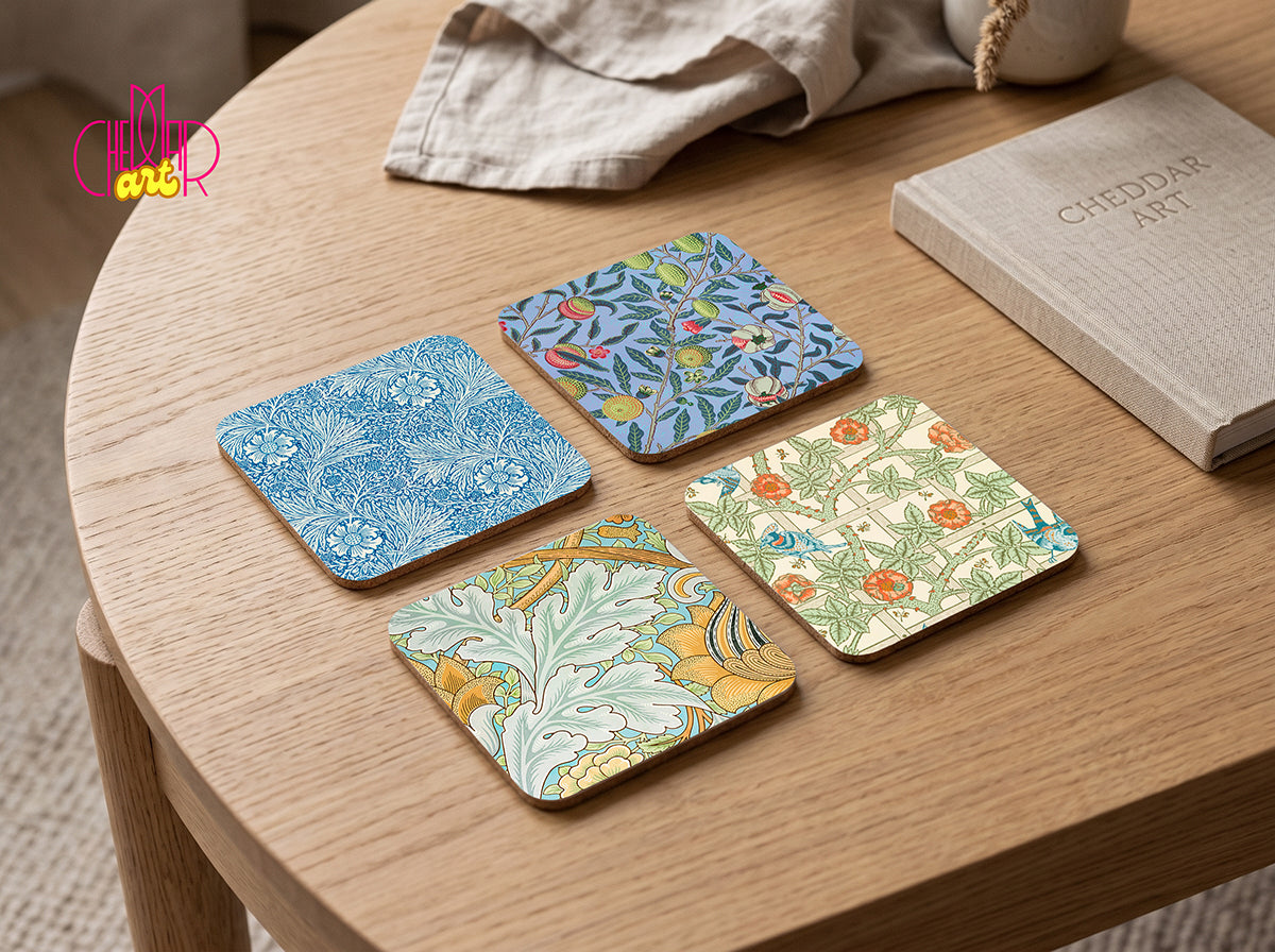 Zestaw Podkładek pod Kubki William Morris Floral — 4 Różne Wzory Botaniczne | Cheddar Art