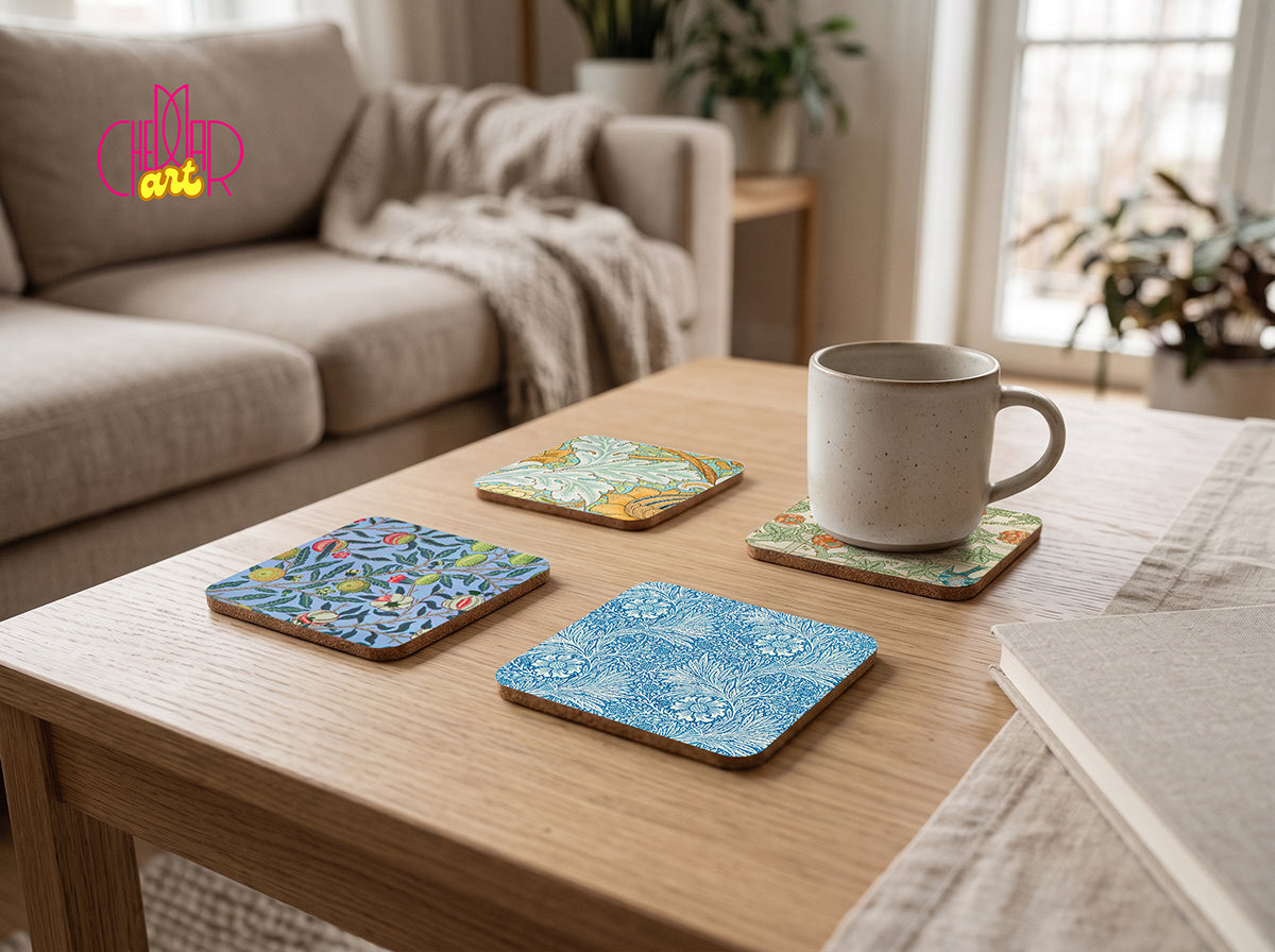 Zestaw Podkładek pod Kubki William Morris Floral — 4 Różne Wzory Botaniczne | Cheddar Art