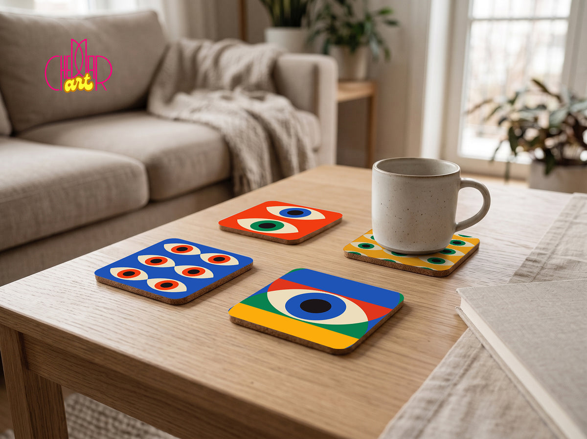 Zestaw Podkładek pod Kubki Bauhaus Eyes — 4 Różne Wzory Geometric | Cheddar Art