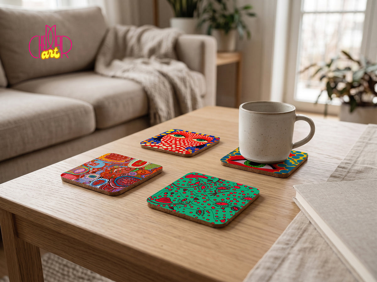 Zestaw Podkładek pod Kubki Yayoi Kusama Pop Art — 4 Różne Wzory Polka Dot | Cheddar Art