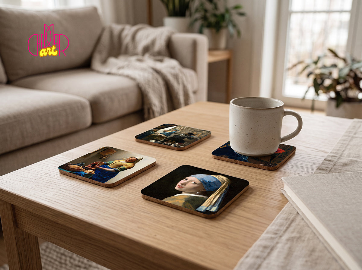 Zestaw Podkładek pod Kubki Johannes Vermeer — 4 Różne Obrazy Mistrzowskie | Cheddar Art