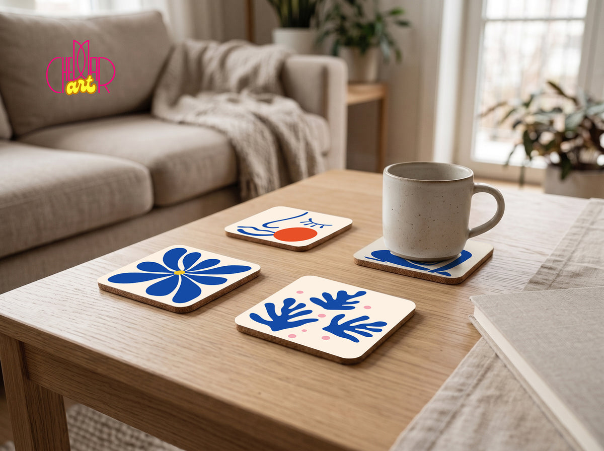 Zestaw Podkładek pod Kubki Henri Matisse Blue Cut-Outs — 4 Różne Wzory | Cheddar Art
