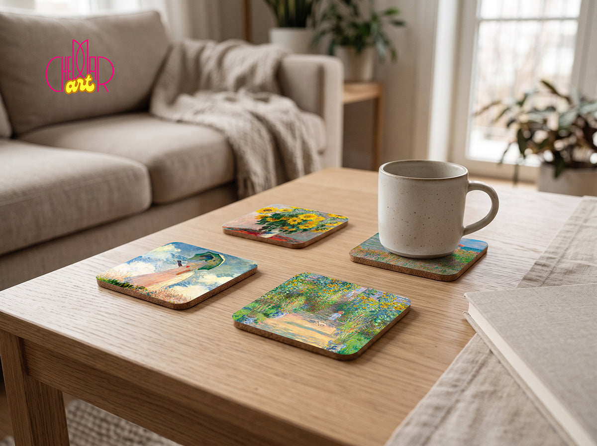 Zestaw Podkładek pod Kubki Claude Monet — 4 Różne Obrazy Impresjonistyczne | Cheddar Art