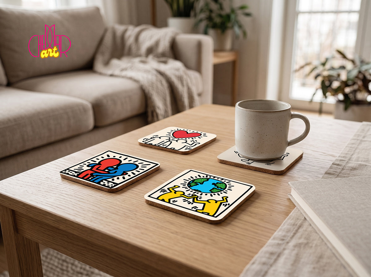 Set of 4 square cork coasters featuring iconic Keith Haring Pop Art illustrations including figures, hearts, and radiant lines on a cream background