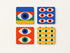 Set of 4 square cork coasters with colorful Bauhaus geometric eye patterns on light background