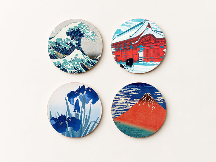 Zestaw Podkładek pod Kubki Japanese Landscapes — 4 Różne Wzory Ukiyo-e (Hokusai) | Cheddar Art