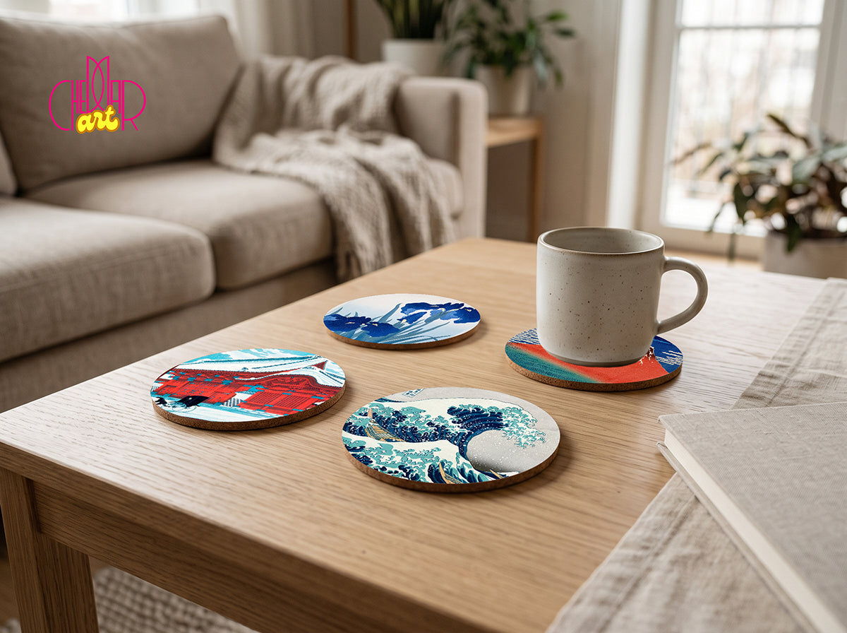Set of 4 square cork coasters featuring iconic Japanese Ukiyo-e landscape prints including Great Wave off Kanagawa and Red Mount Fuji by Hokusai