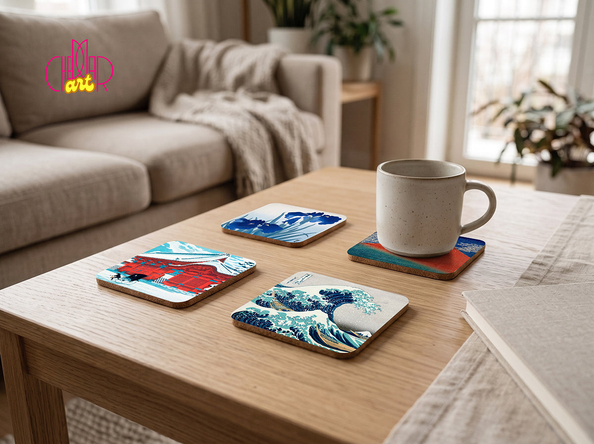 Zestaw Podkładek pod Kubki Japanese Landscapes — 4 Różne Wzory Ukiyo-e (Hokusai) | Cheddar Art