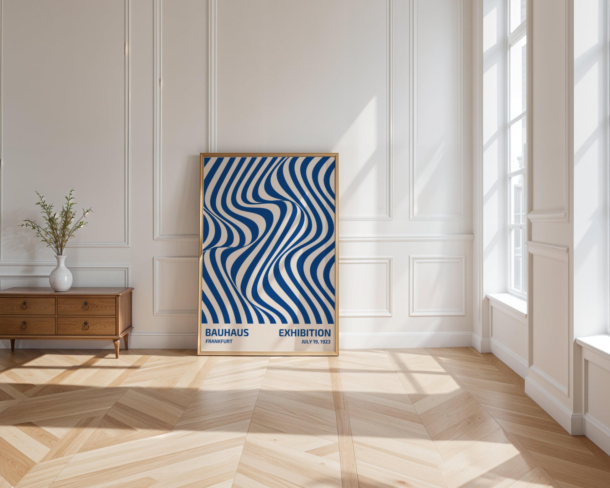 Plakat Bauhaus niebieskie abstrakcyjne linie na beżowym tle