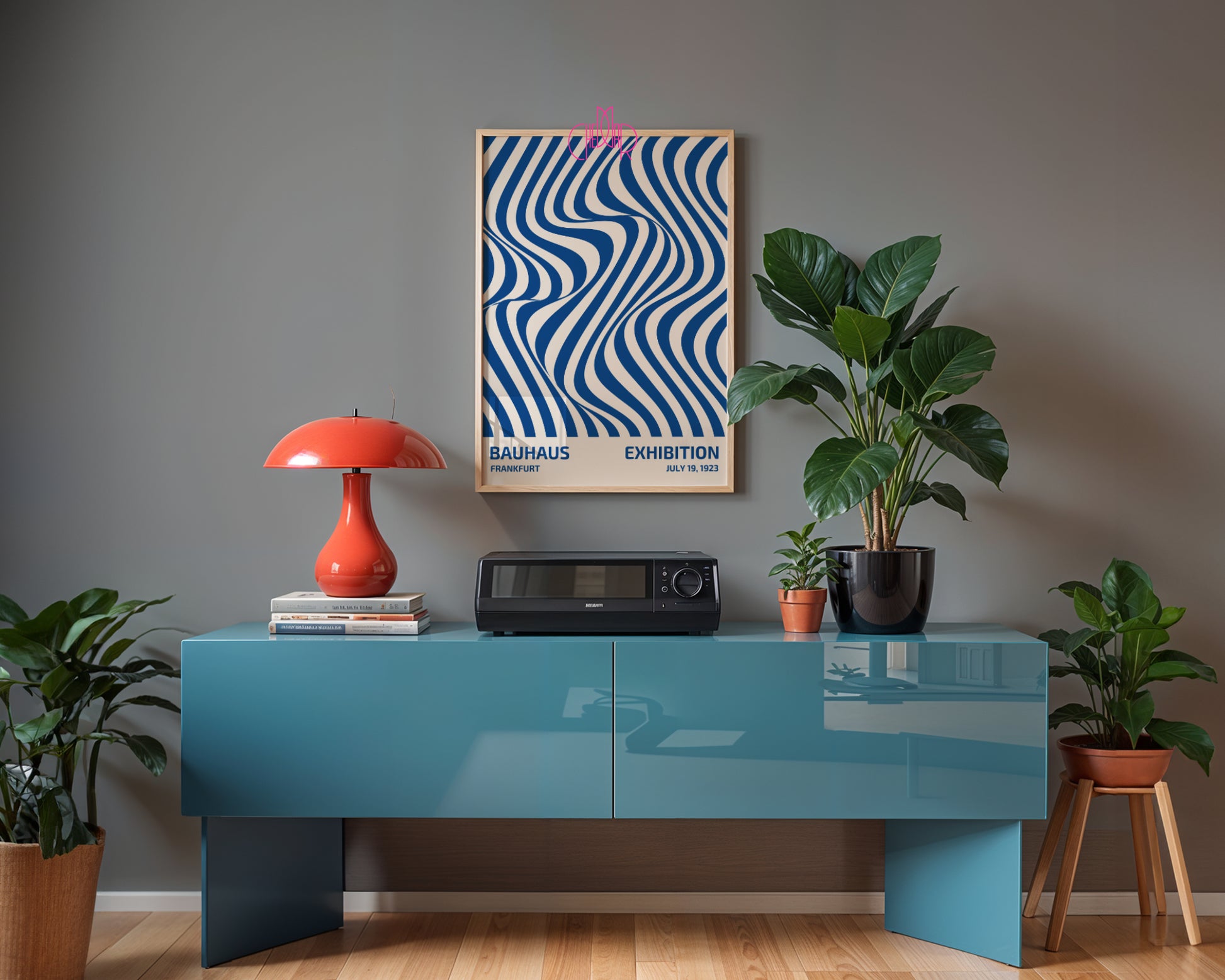 Plakat Bauhaus niebieskie abstrakcyjne linie na beżowym tle