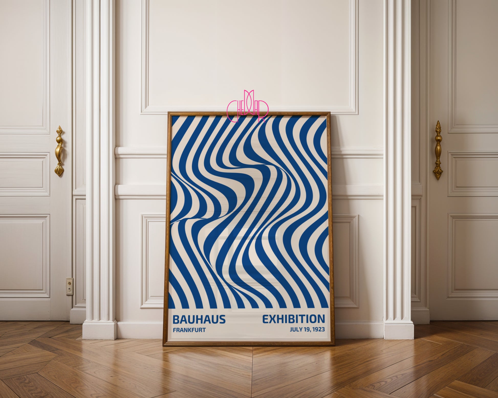 Plakat Bauhaus niebieskie abstrakcyjne linie na beżowym tle