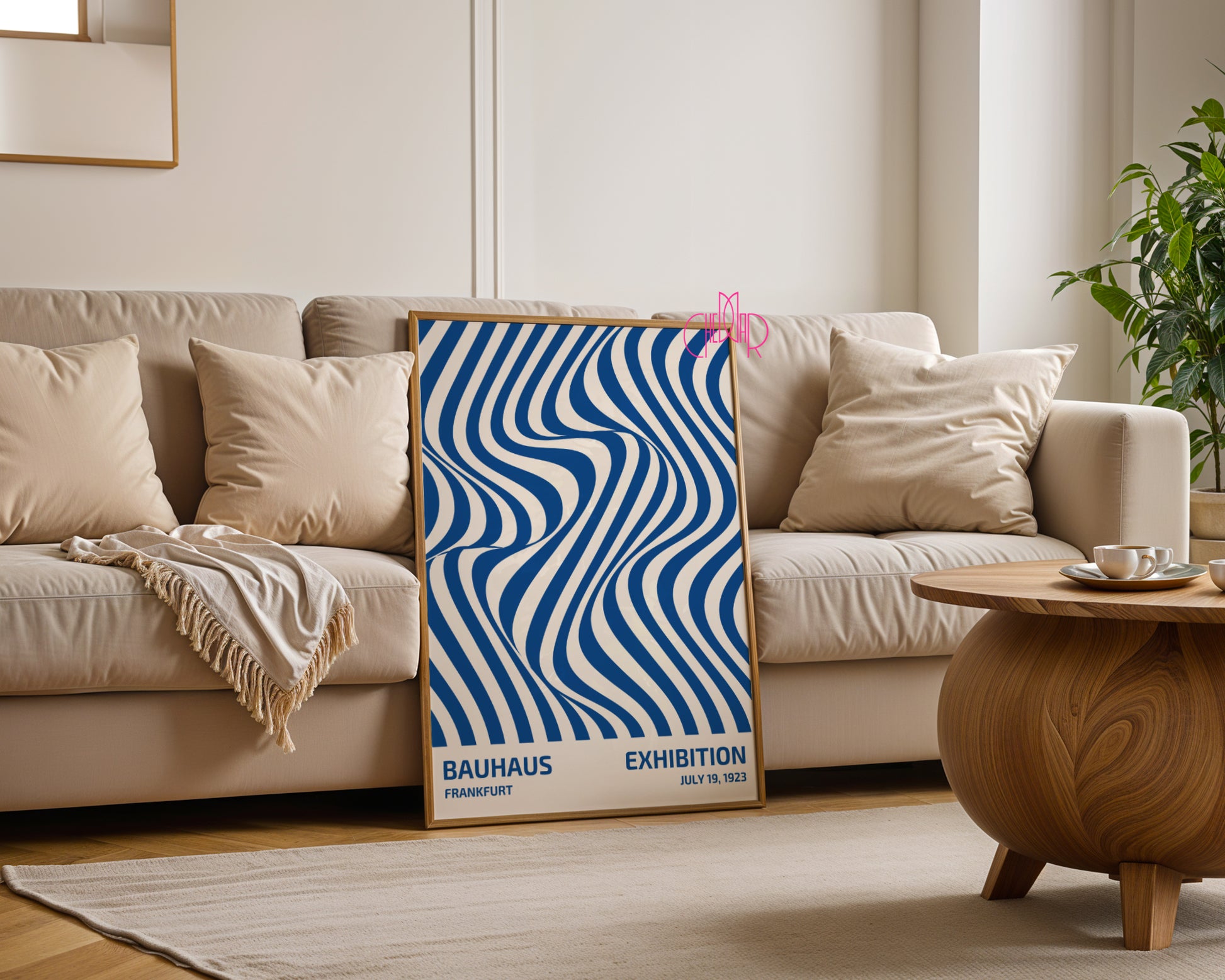 Plakat Bauhaus niebieskie abstrakcyjne linie na beżowym tle