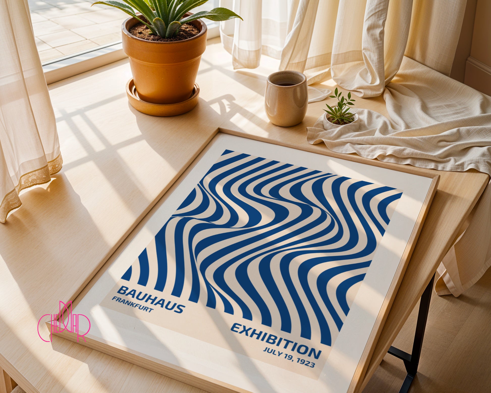 Plakat Bauhaus niebieskie abstrakcyjne linie na beżowym tle