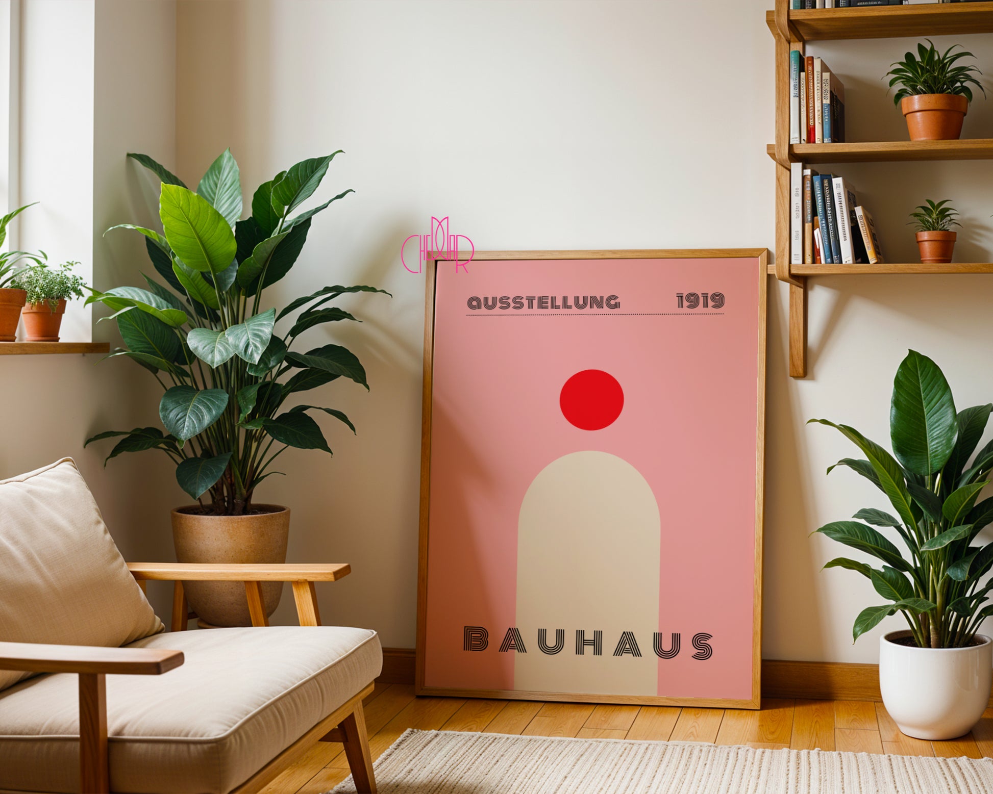 Plakat Bauhaus modern, kropka z kształtem na pudrowo-różowym tle