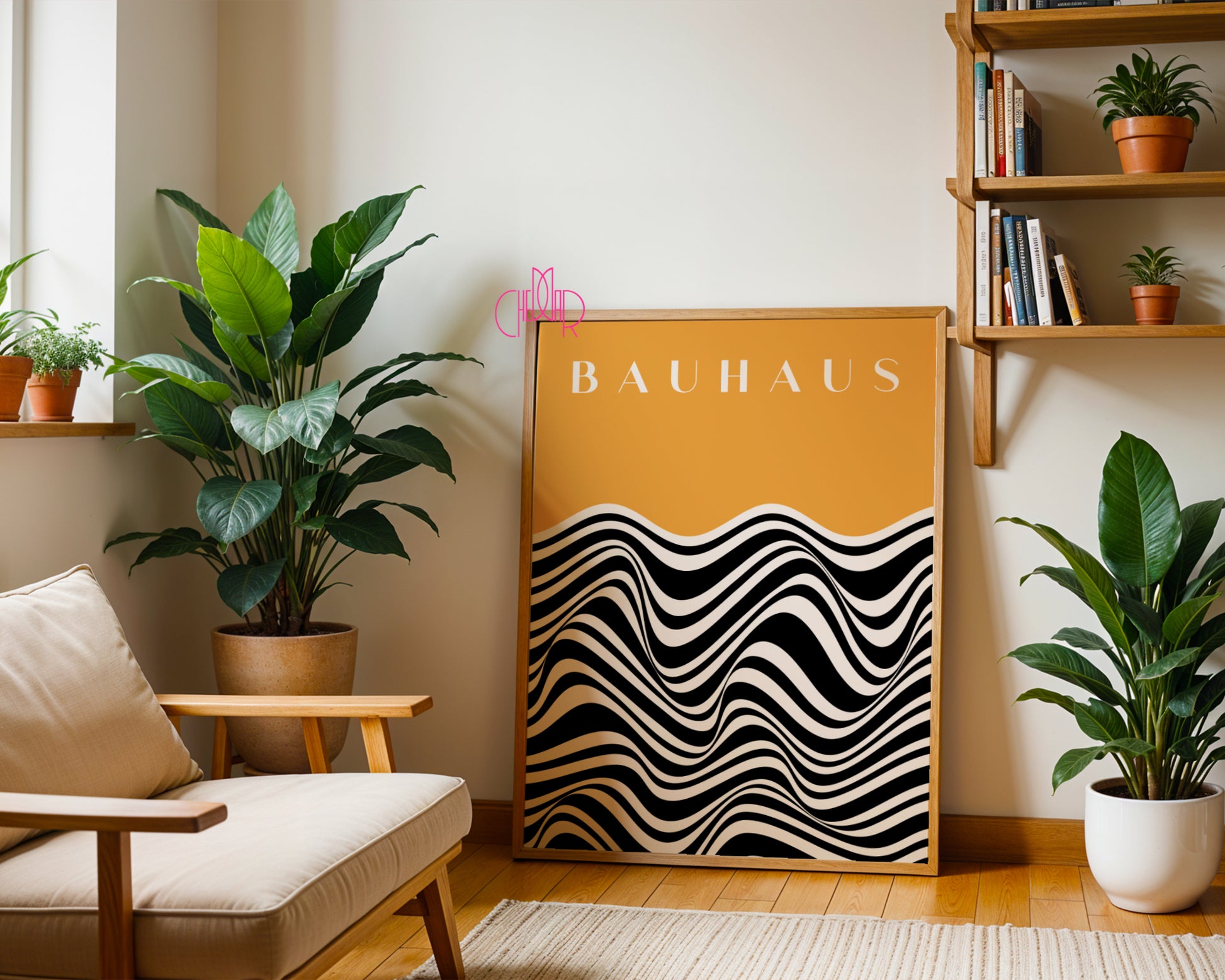 Plakat Bauhaus czarne abstrakcyjne linie z pomarańczowym tłem