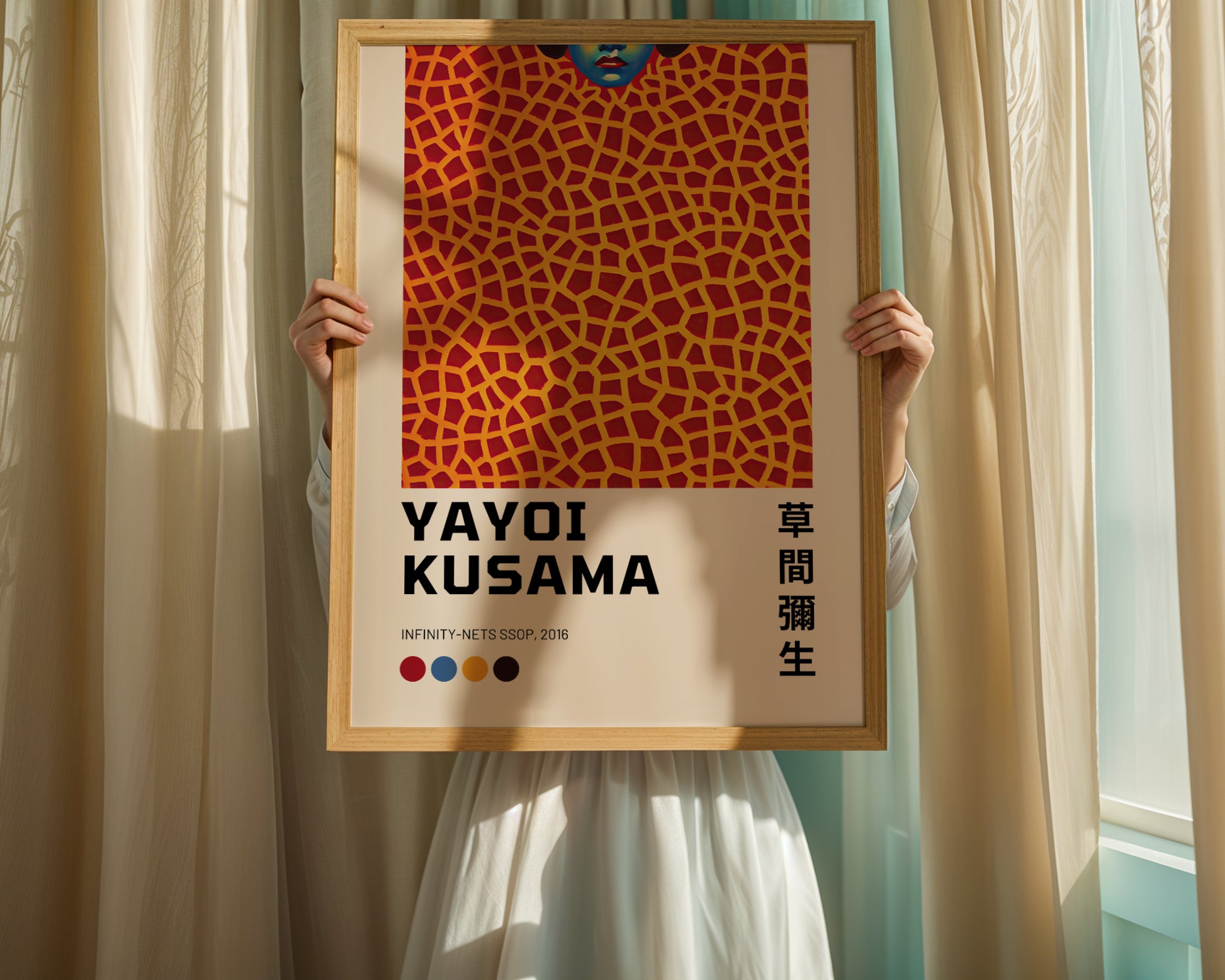 Plakat Yayoi Kusama, Twarz z pomarańczowymi liniami, Żyrafa, 2016
