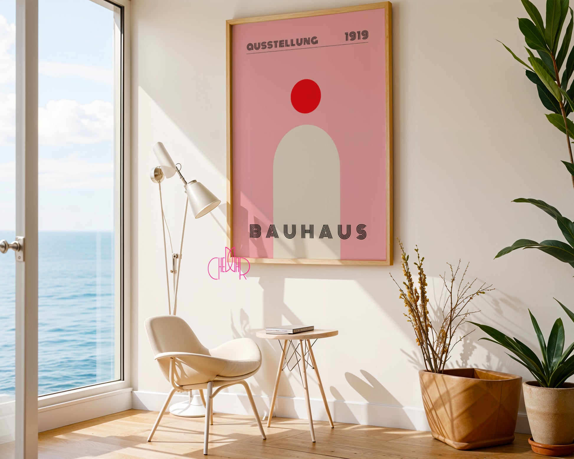 Plakat Bauhaus modern, kropka z kształtem na pudrowo-różowym tle