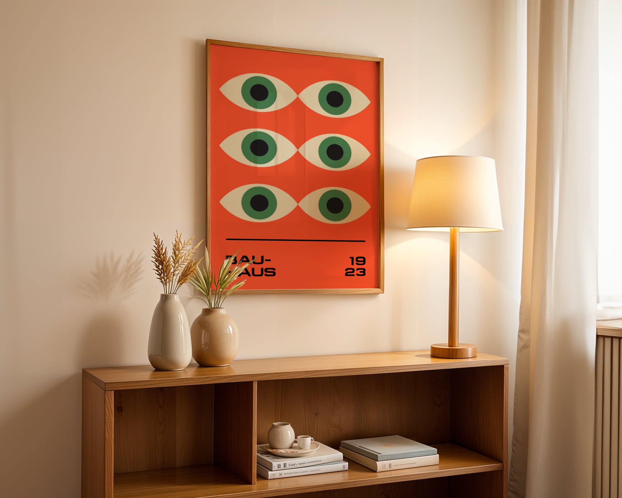 Plakat Bauhaus zielone oczy na pomarańczowym tle, modernizm, retro