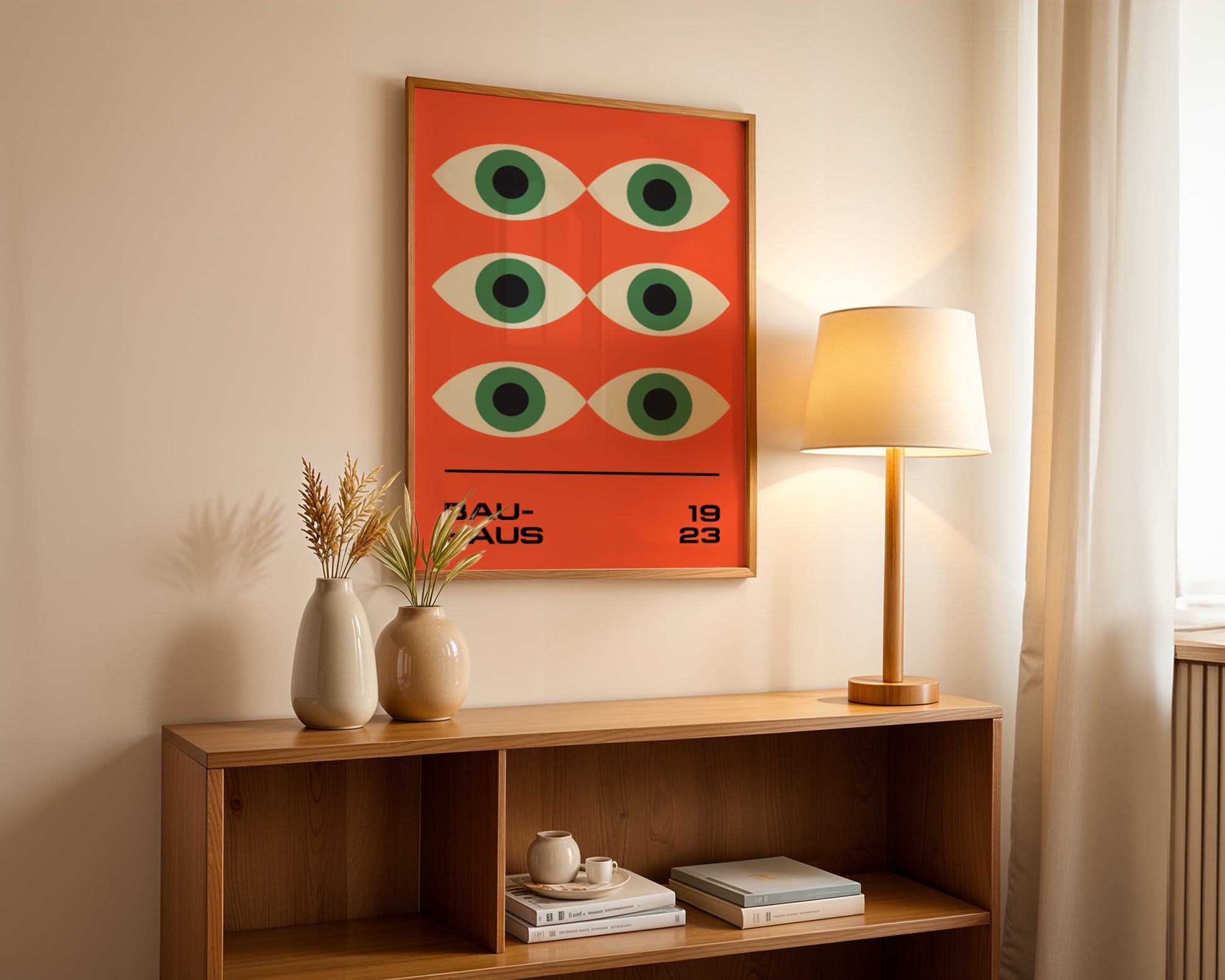 Plakat Bauhaus zielone oczy na pomarańczowym tle, modernizm, retro