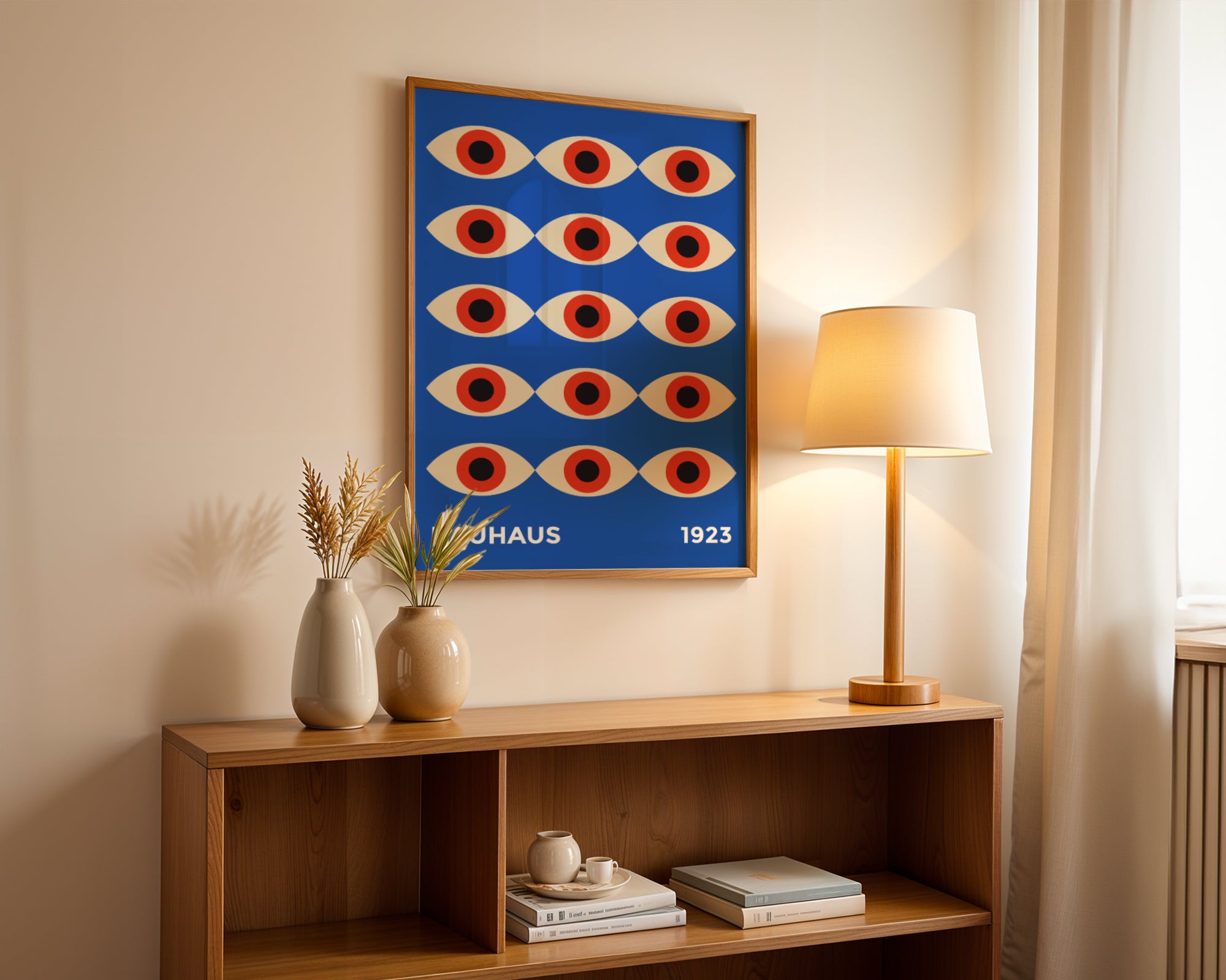 Plakat Bauhaus czerwone "Oczy Proroka" na granatowym tle, modernizm