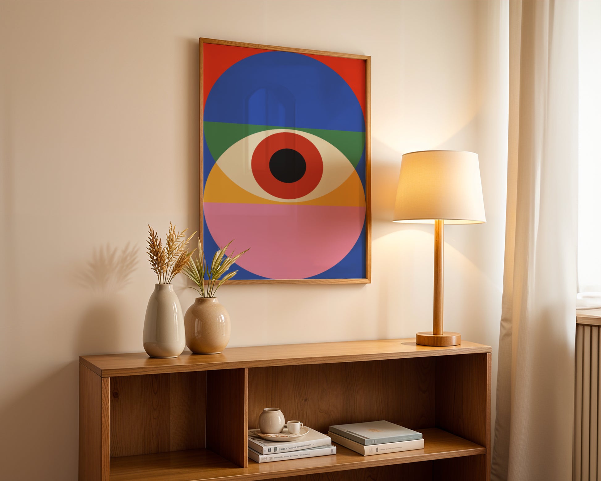 Plakat Bauhaus kolorowe koła na niebiesko-czerwonym tle, sztuka współczensa