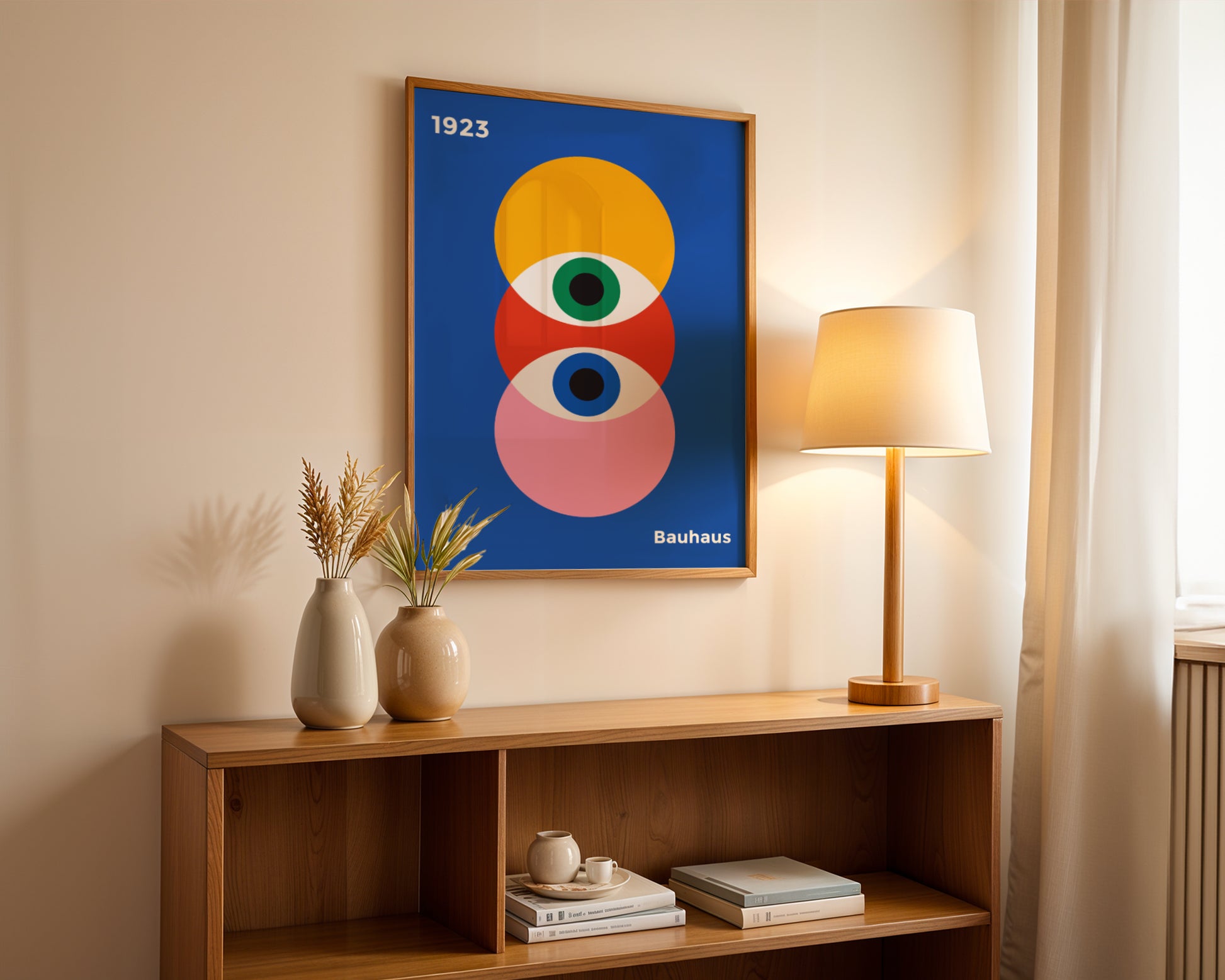 Plakat Bauhaus kolorowe koła na granatowym tle z oczami proroka