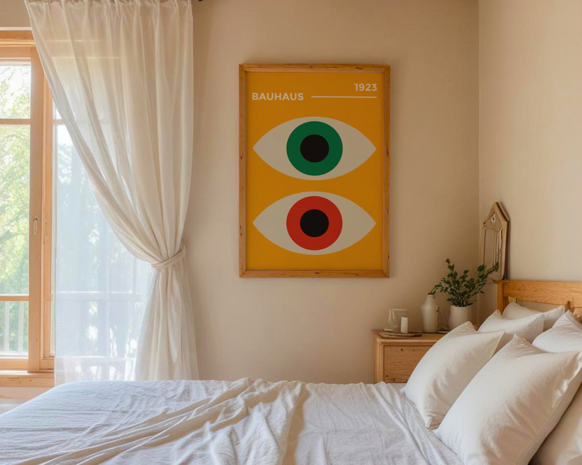 Plakat Bauhaus - zielono-czerwone "Oczy Proroka" na pomaraczowym tle