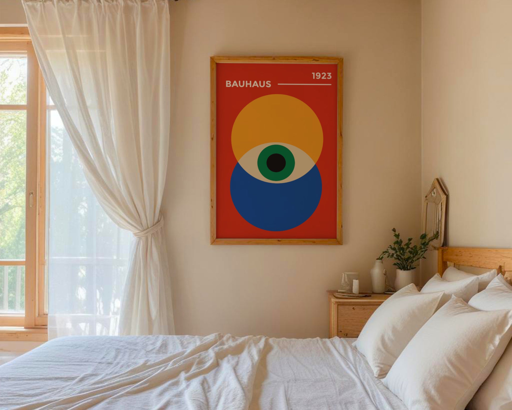 Plakat Bauhaus - pomarańczowo-granatowe koła z zielonym "Okiem Proroka" na czerwonym tle