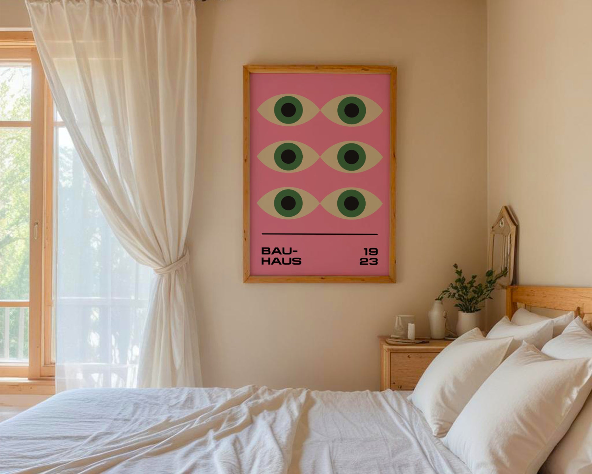 Plakat Bauhaus – Geometryczne zielone oczy na różowym tle, retro