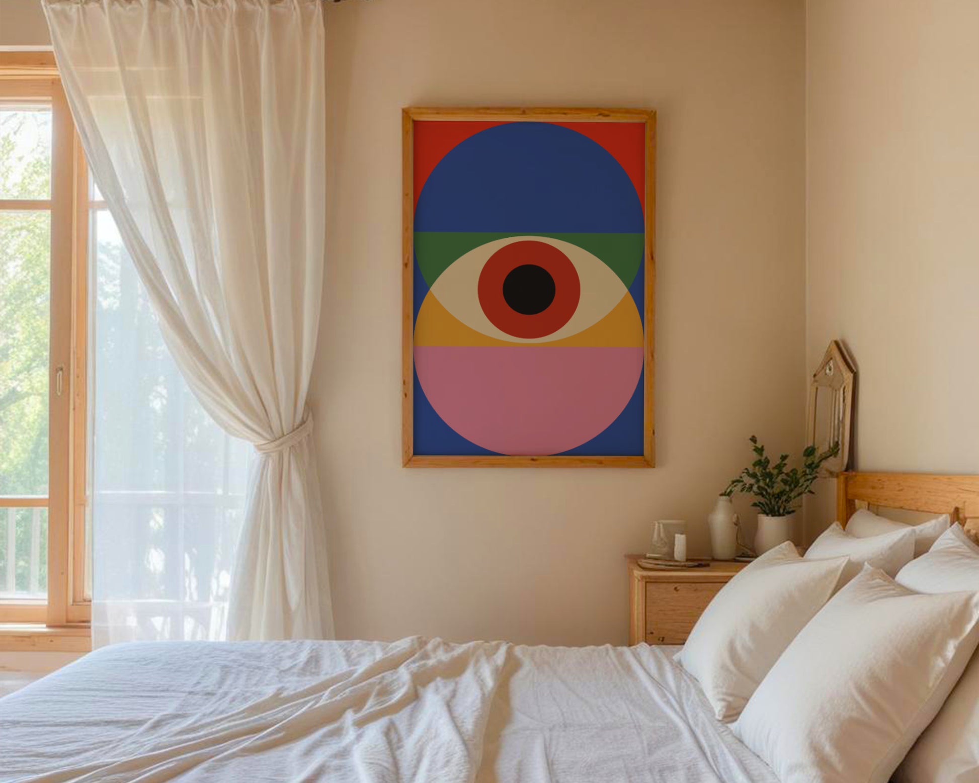 Plakat Bauhaus kolorowe koła na niebiesko-czerwonym tle, sztuka współczensa