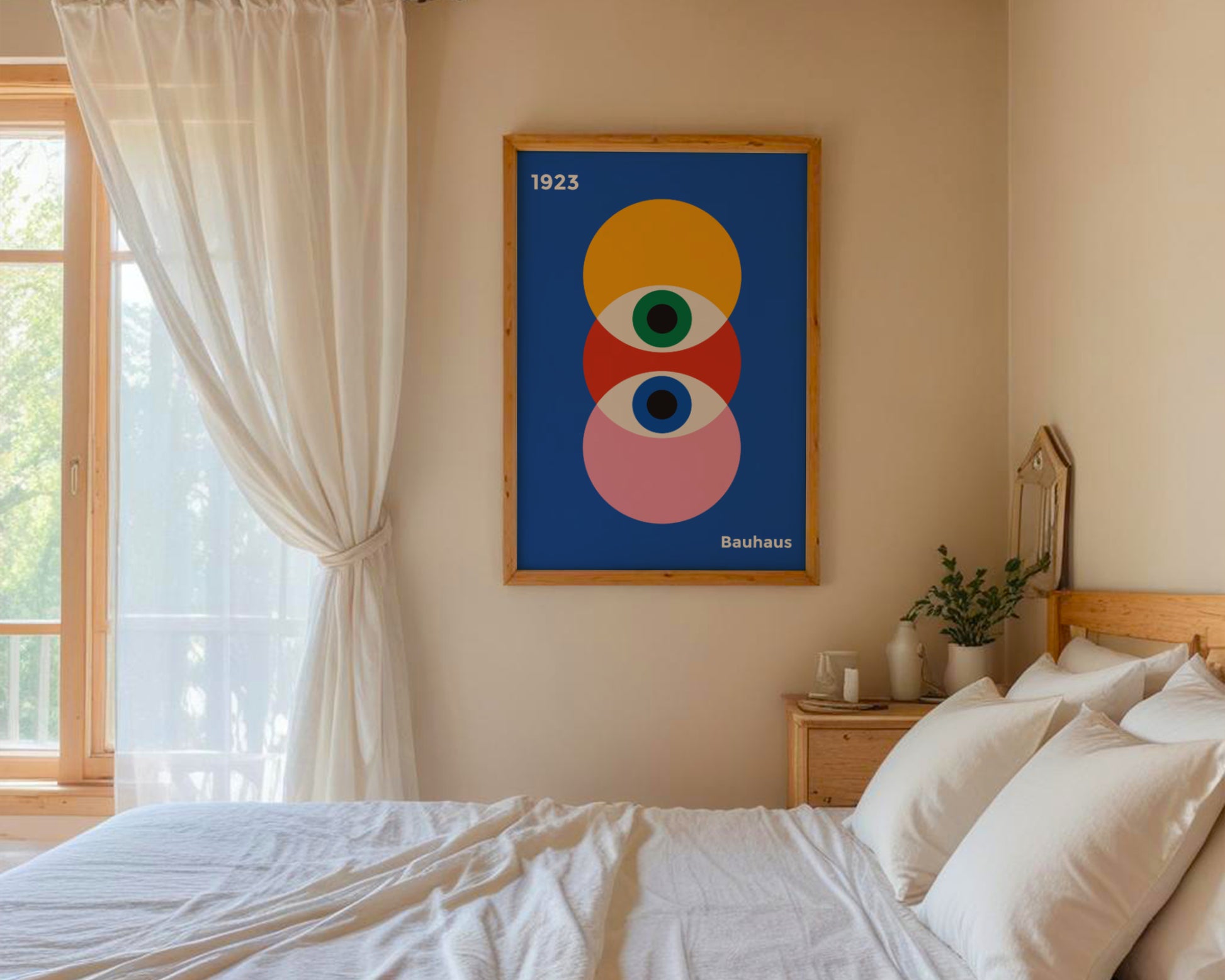 Plakat Bauhaus kolorowe koła na granatowym tle z oczami proroka