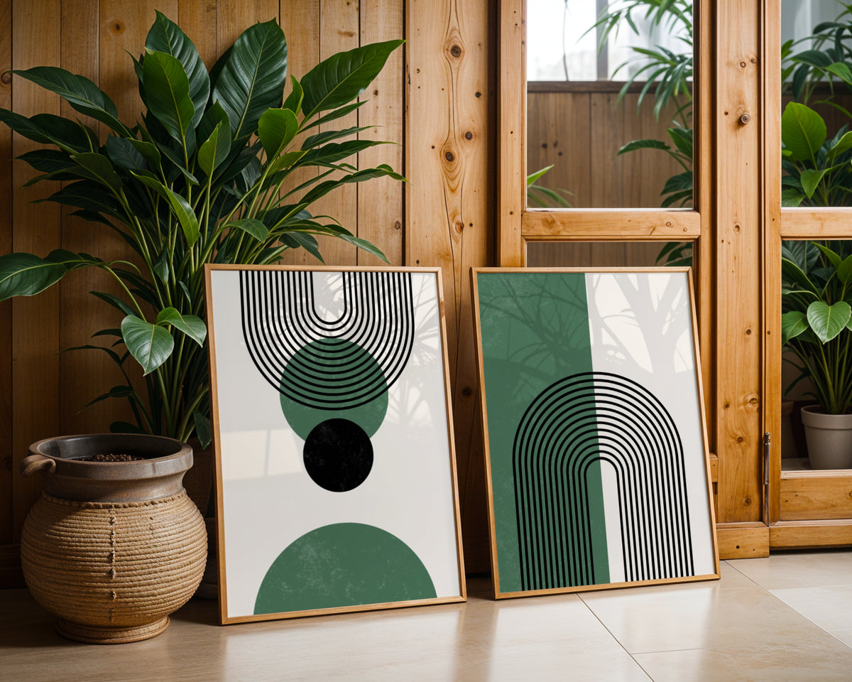 Zestaw Boho Abstract – Green & Black Geometric Arches