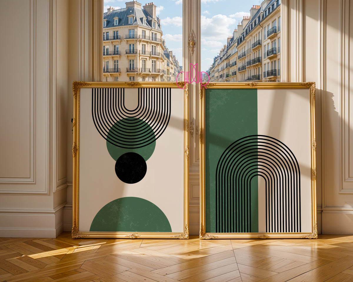 Zestaw Boho Abstract – Green & Black Geometric Arches