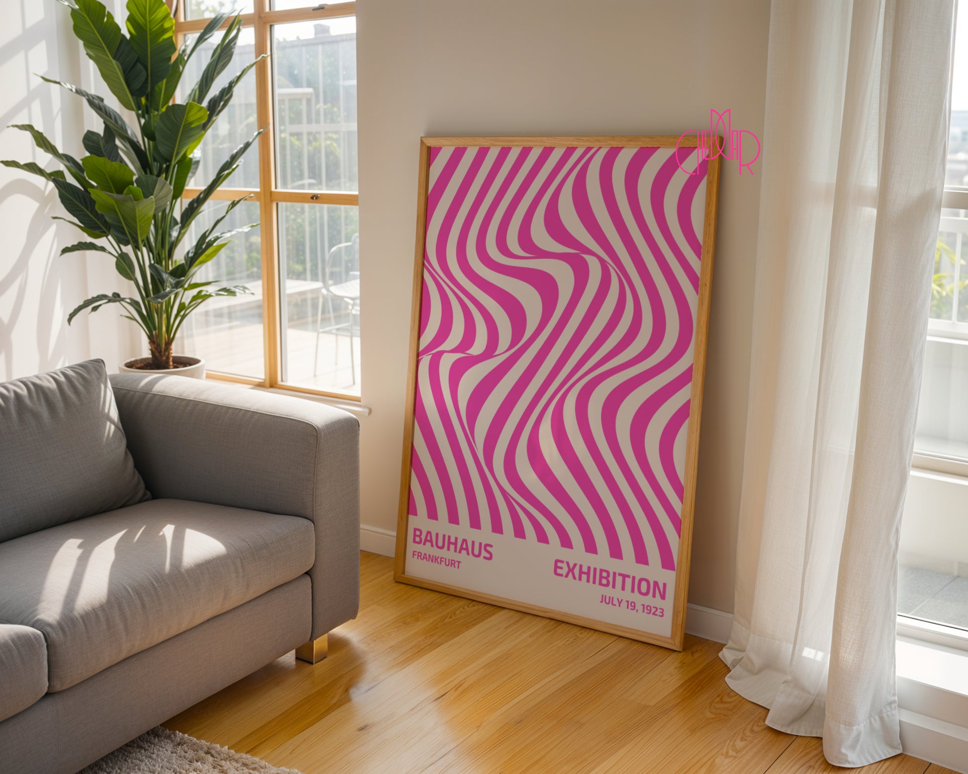 Plakat Bauhaus różowe abstrakcyjne linie na beżowym tle