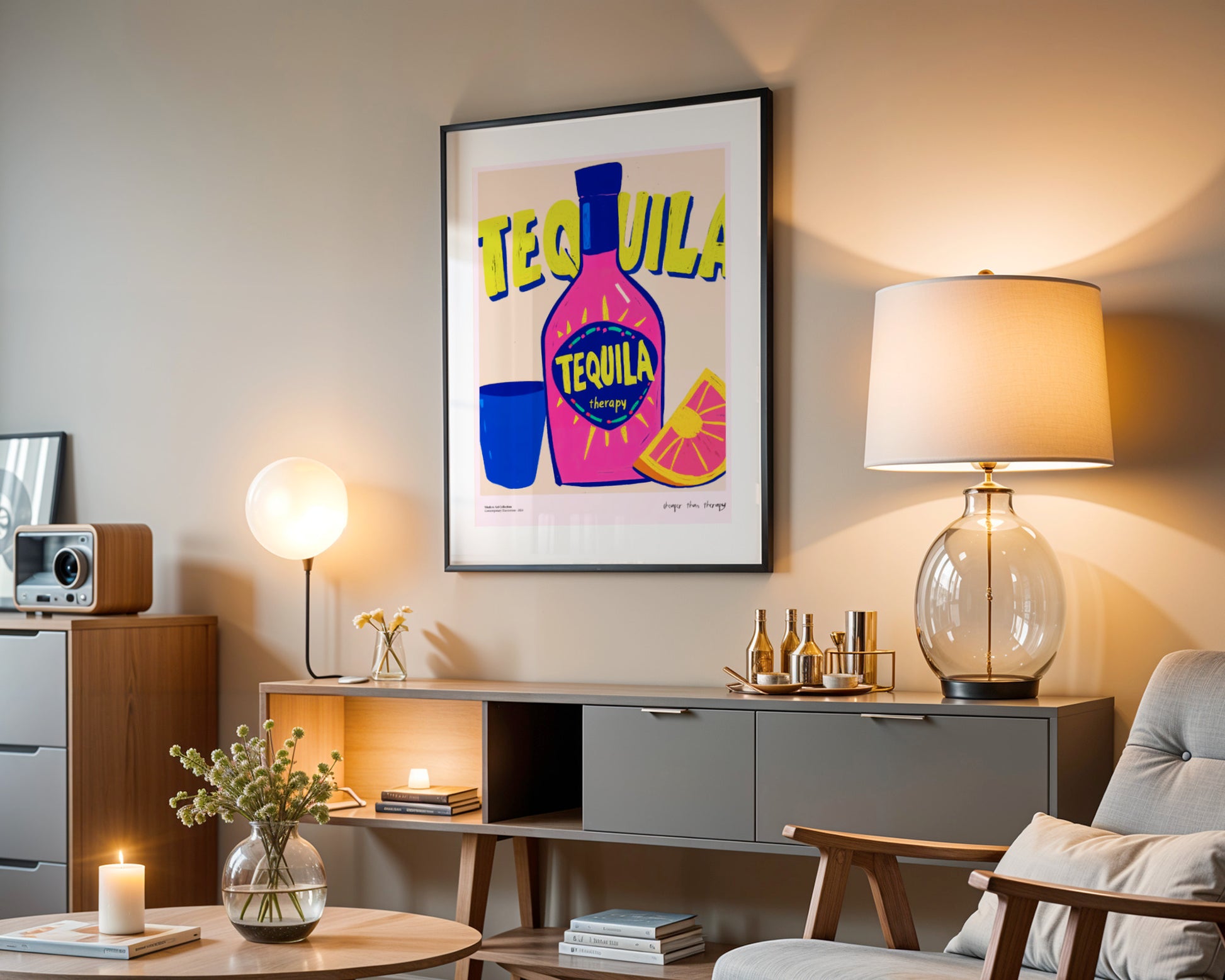 Plakat „Tequila Therapy” – Bo najlepsze rozmowy zdarzają się przy soli i cytrynie!