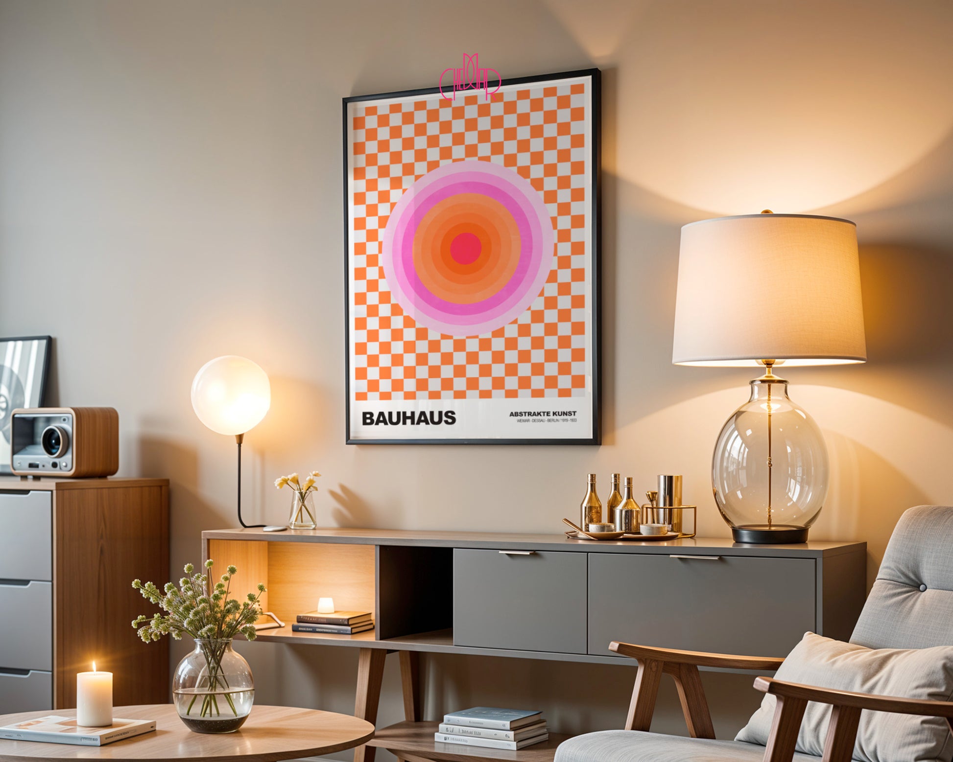 Energia Retro: Checkered Pulse – Bauhaus, Abstract Neon Orbit