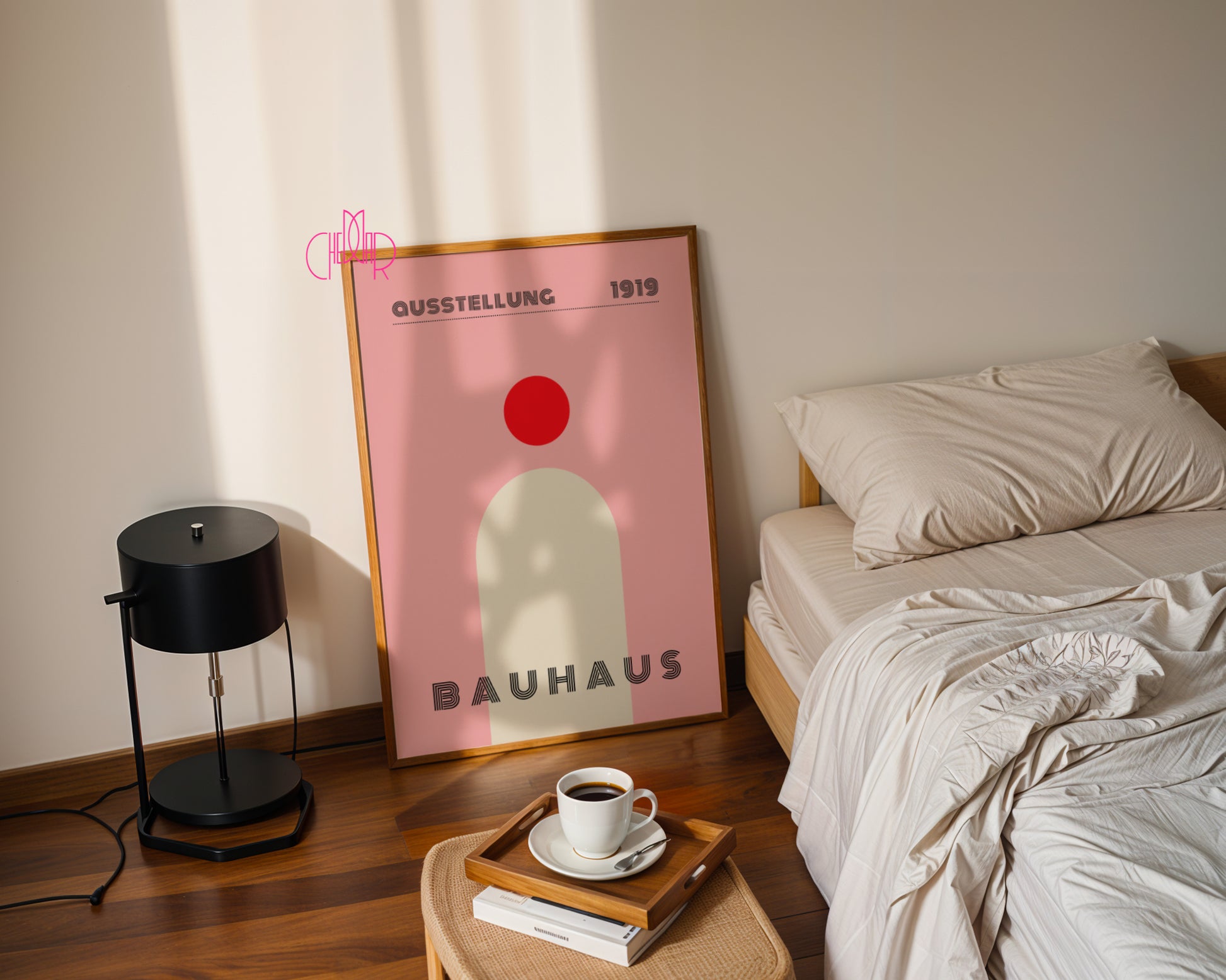 Plakat Bauhaus modern, kropka z kształtem na pudrowo-różowym tle