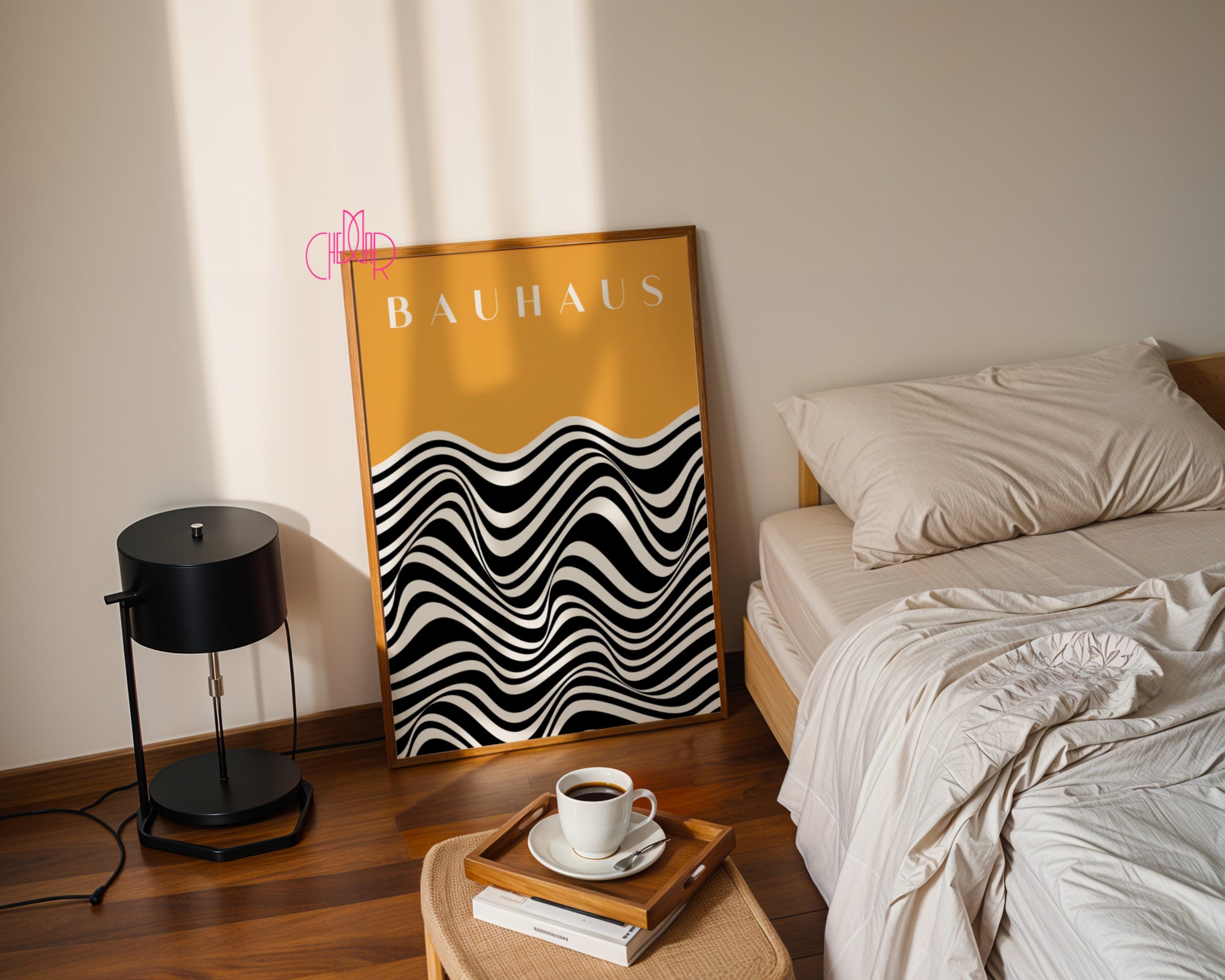 Plakat Bauhaus czarne abstrakcyjne linie z pomarańczowym tłem