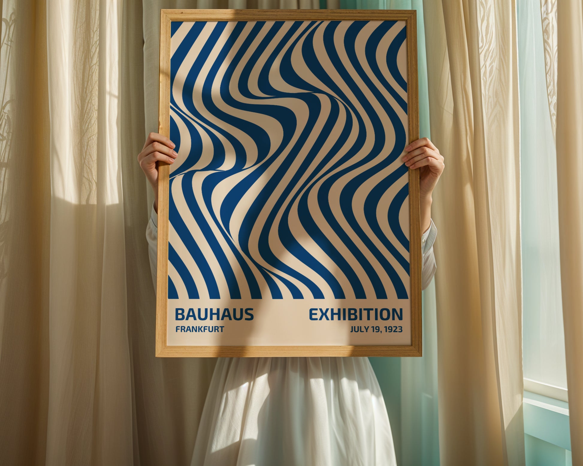 Plakat Bauhaus niebieskie abstrakcyjne linie na beżowym tle